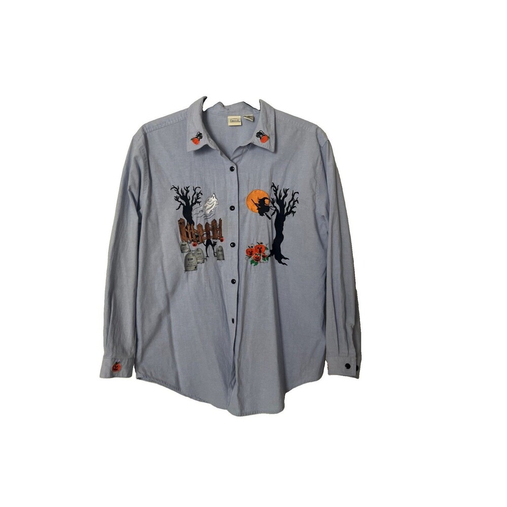 VTG Halloween Button Down Chambray Shirt Top Size 18W Pumpkins Ghost Embroidered